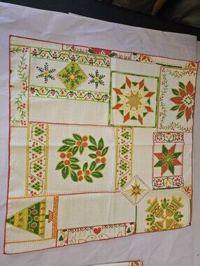 Vtg Christmas Napkins Qty 9 Holly Christmas Tree Dove Bells Cotton Stitched Edge